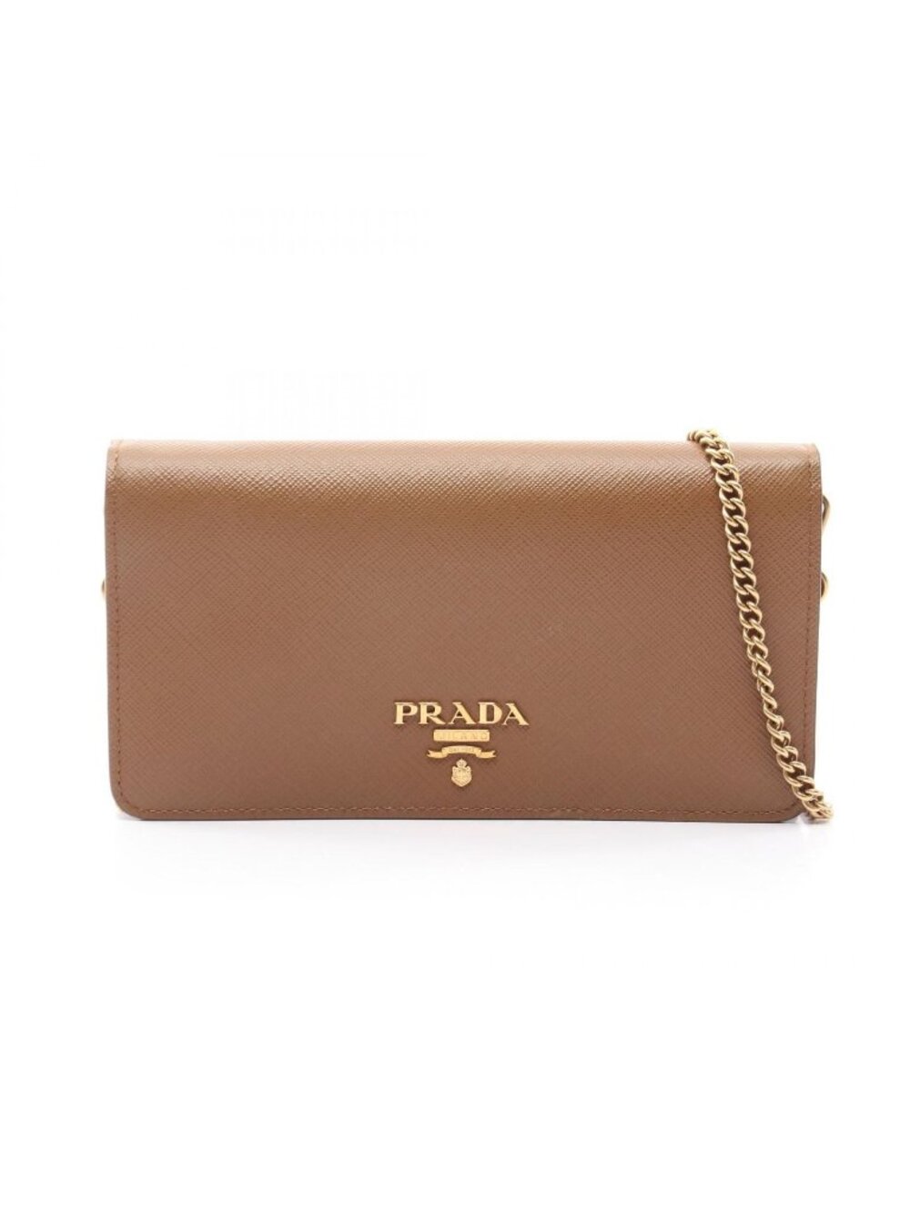 Prada Shoulder Bag Brown Saffiano Leather Metal Logo Chain Wallet